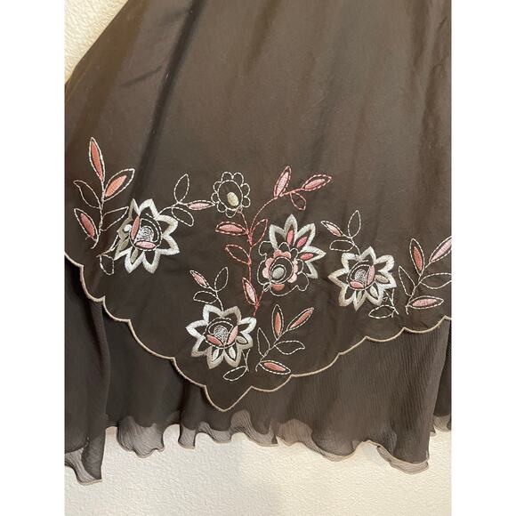 Nine West Y2K Style Cotton & Silk Brown Floral Embroidered Flutter Midi Skirt 6 - Picture 7 of 12